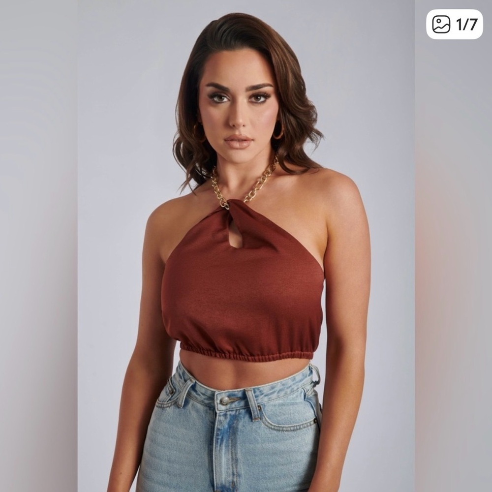 NWT Meshki Cream Esta Chain Halter Twist Crop Top